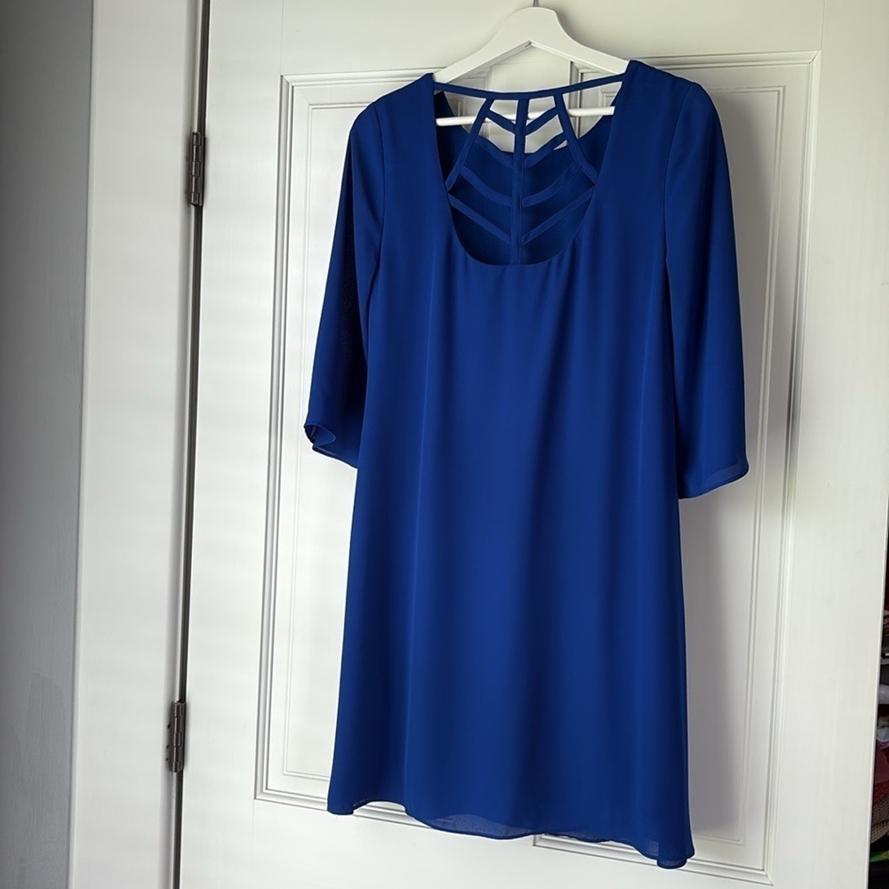 Apt. 9 Shift Dress 4 Royal Blue Strappy Cage Back 3/4 Bell Sleeve Mini Dress - Picture 4 of 5